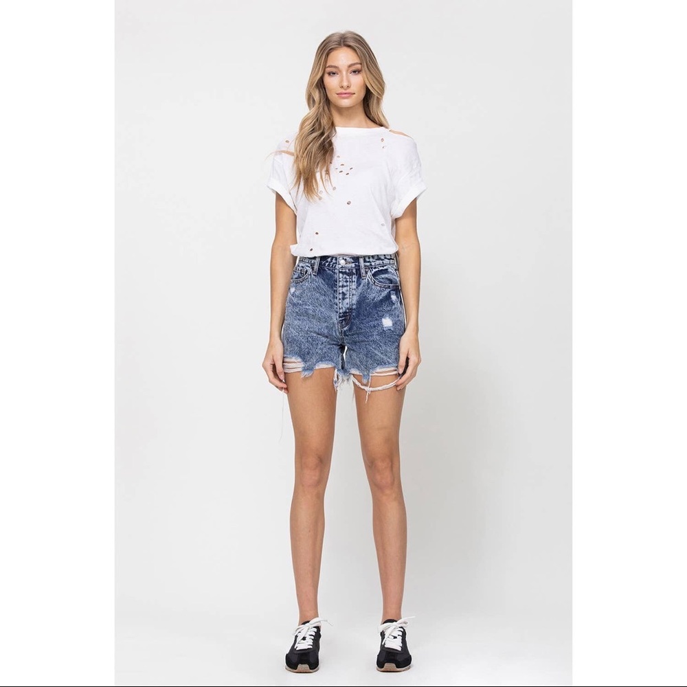 Nora Super High Rise Distressed Acid Wash Shorts - Picture 3 of 13